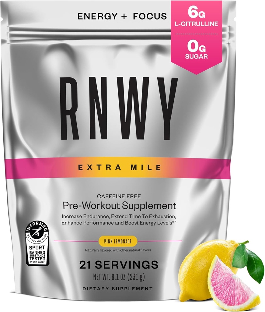 Poudre de pré-entraînement sans caféine extra Mile, 6g de L-Citrulline, sans sucre, sans stimulant, avec DynamineTM et TeaCrine® pour l'endurance et le focus, 21 portions (Lémonade rose)