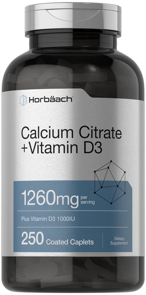 Horbäach Calcium Citrat mit Vitamin D3 | 1260 mg | 250 Kapseln | Vegetarisch, Non-GMO, Glutenfreie Ergänzung