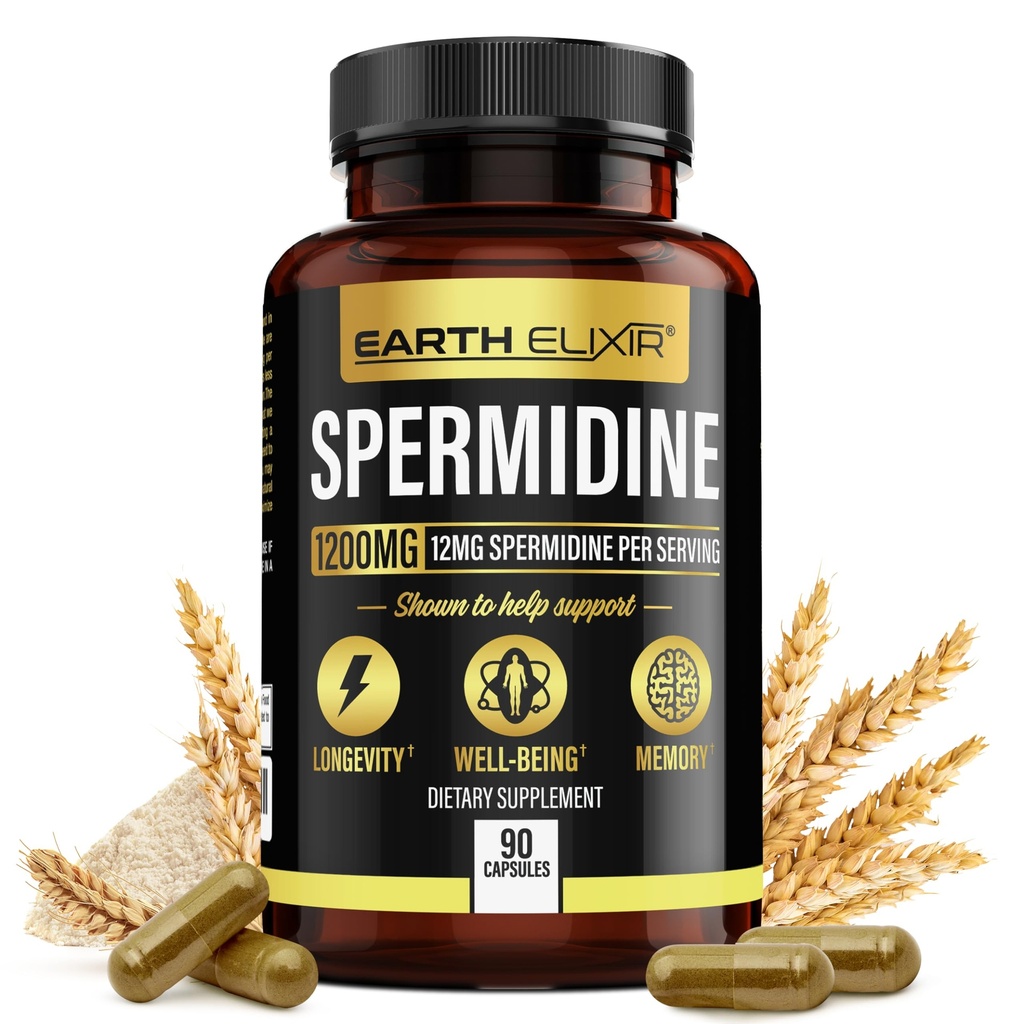 Erd-Elixir-Spermidin-Ergänzungen 1200mg (90 Kapseln) – Anti-Aging - 3. Partei getestet (12mg Spermidin-Pulver) Max Reinheit - 100% reine Espermidina- Fermented Wheat Germ-Extrakt - NMN Alternative