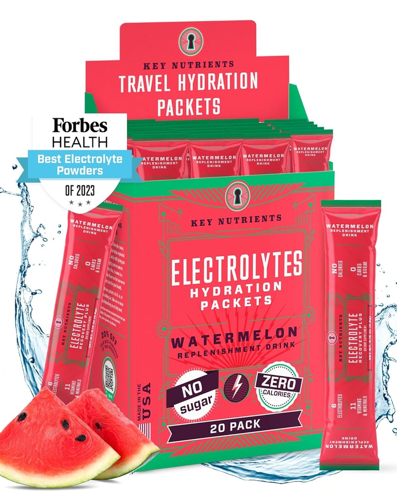 CLÉS NUTRIENTS Électrolytes Powder Packets - Rafraîchissant pastèque 20 Packs d'hydratation - Poudre d'hydratation de voyage - Pas de sucre, pas de calories, sans gluten - Fabriqué aux États-Unis