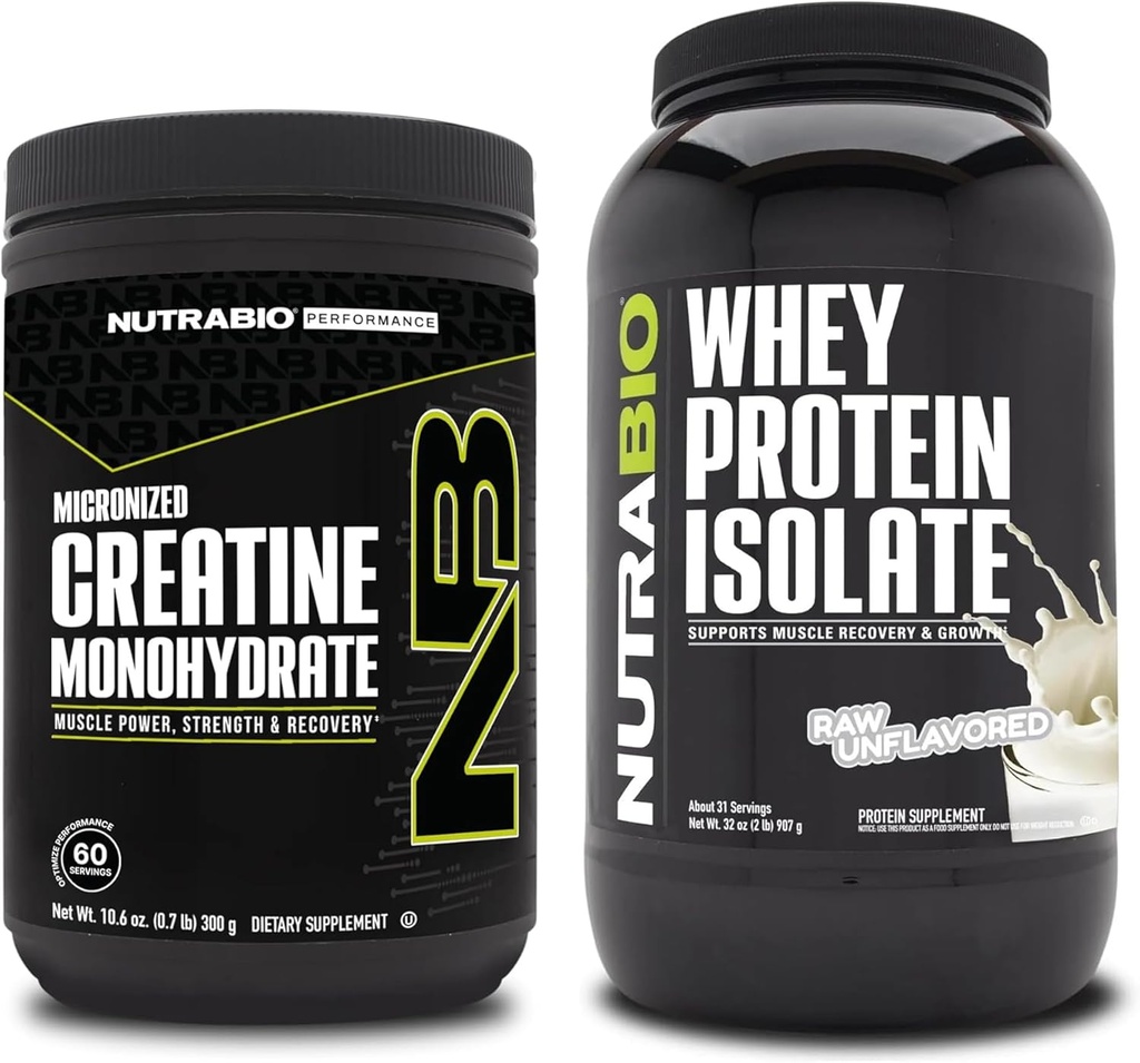 NutraBio Créatine monohydratée, non aromatisée, Isolée de 300g et de Whey Protein, non aromatisée, supplément - Énergie musculaire, croissance musculaire maigre, récupération et force