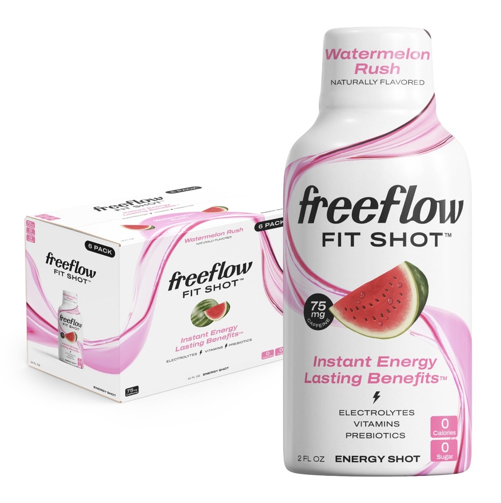 Freeflow Fit Energy Shots, Watermelon Rush, Natural Caffeine Boost mit L-Theanin, Ginseng, Vitamine, Prebiotics, Elektrolyte (6 Zähler, 2oz Schüsse)