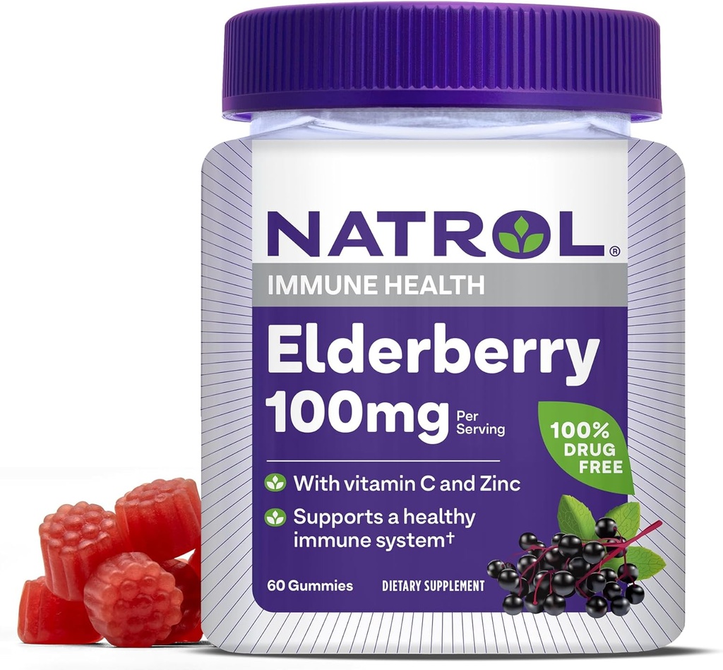 Natrol Elderberry 100mg Gummi für Immun-Gesundheitsunterstützung, 60 Berry-Flavored Gummis, 30 Tage Versorgung