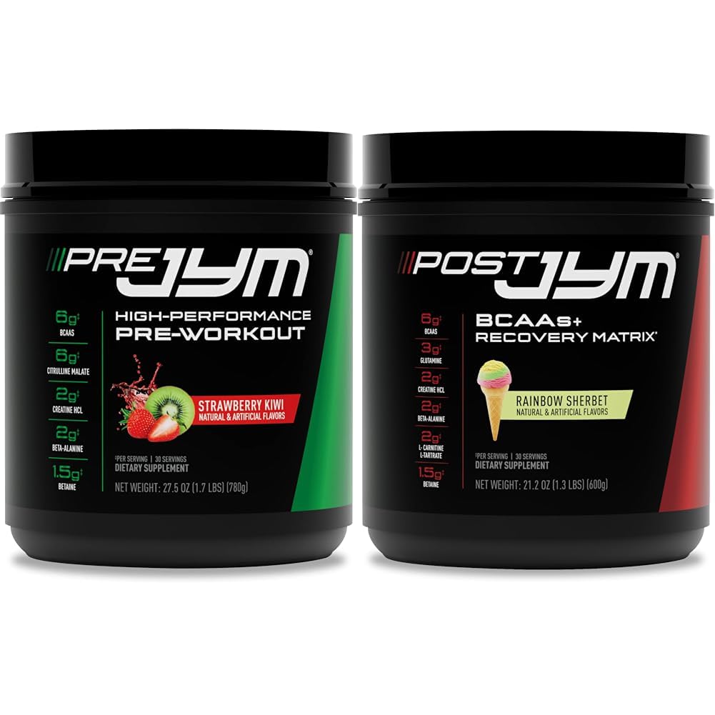 Supplément JYM Science PRE JYM 30 portions - Fraise Kiwi & - Après l'entraînement avec BCAA, Glutamine, Creatine HCL, Beta-Alanine, et plus Rainbow Sherbert Flavor, 30 portions, 21,2 oz.
