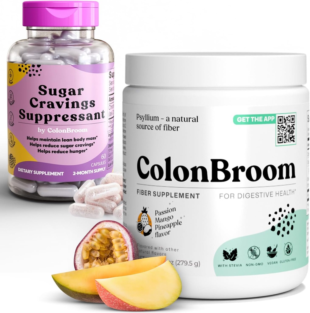 ColonBroom Psyllium Husk Powder Sugar Craving Suppressant - Chromium Picolinate 200mcg, 2 Items - Colon Cleanser Fiber Supplement (50 Servings) + Sugar Craving Suppressant (60 Servings)
