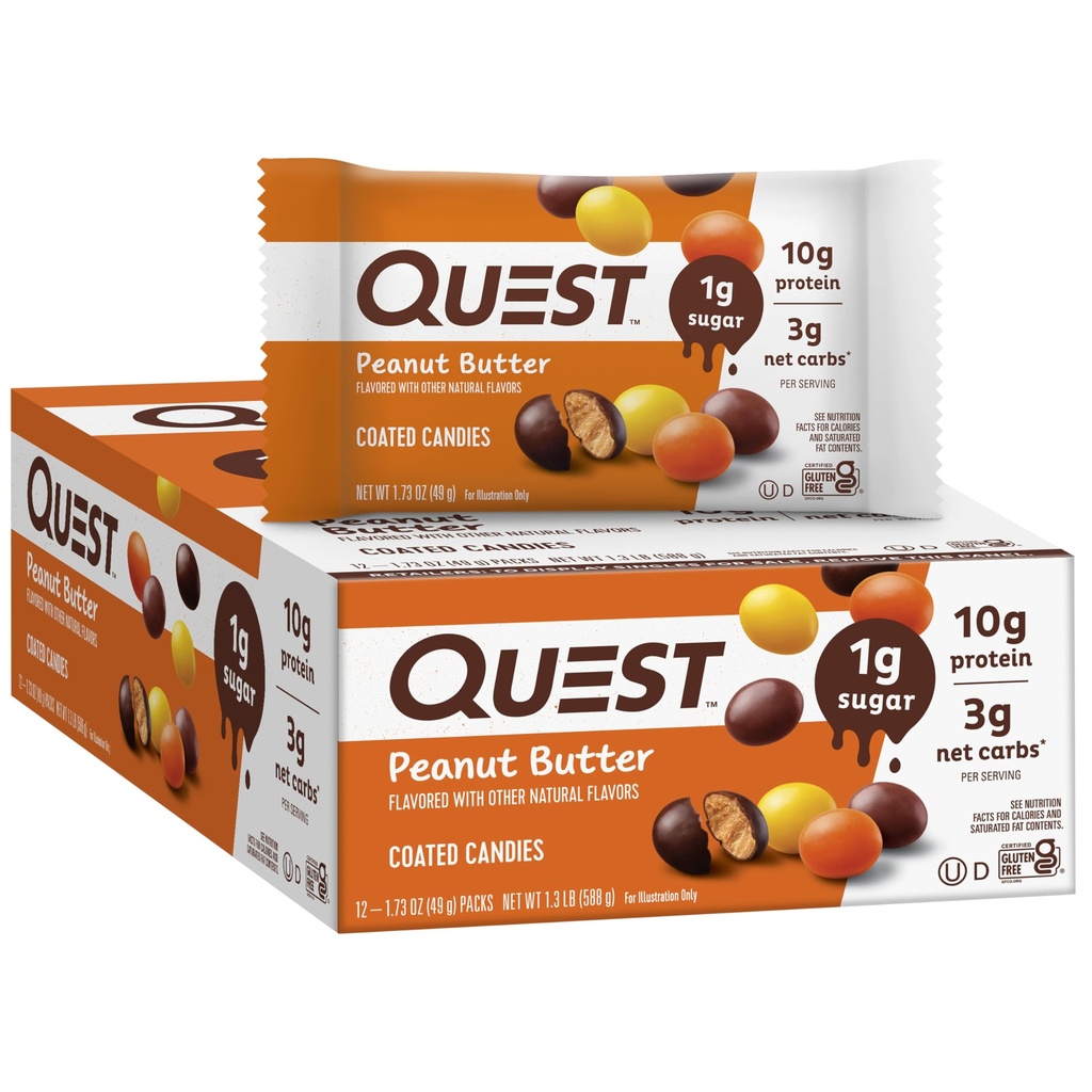Quest Nutrition enrobée de bonbons, beurre d'arachide, 1g de sucre, 10g de protéines, 4g de glucides nets, sans gluten, ami du kéto, 12 comte