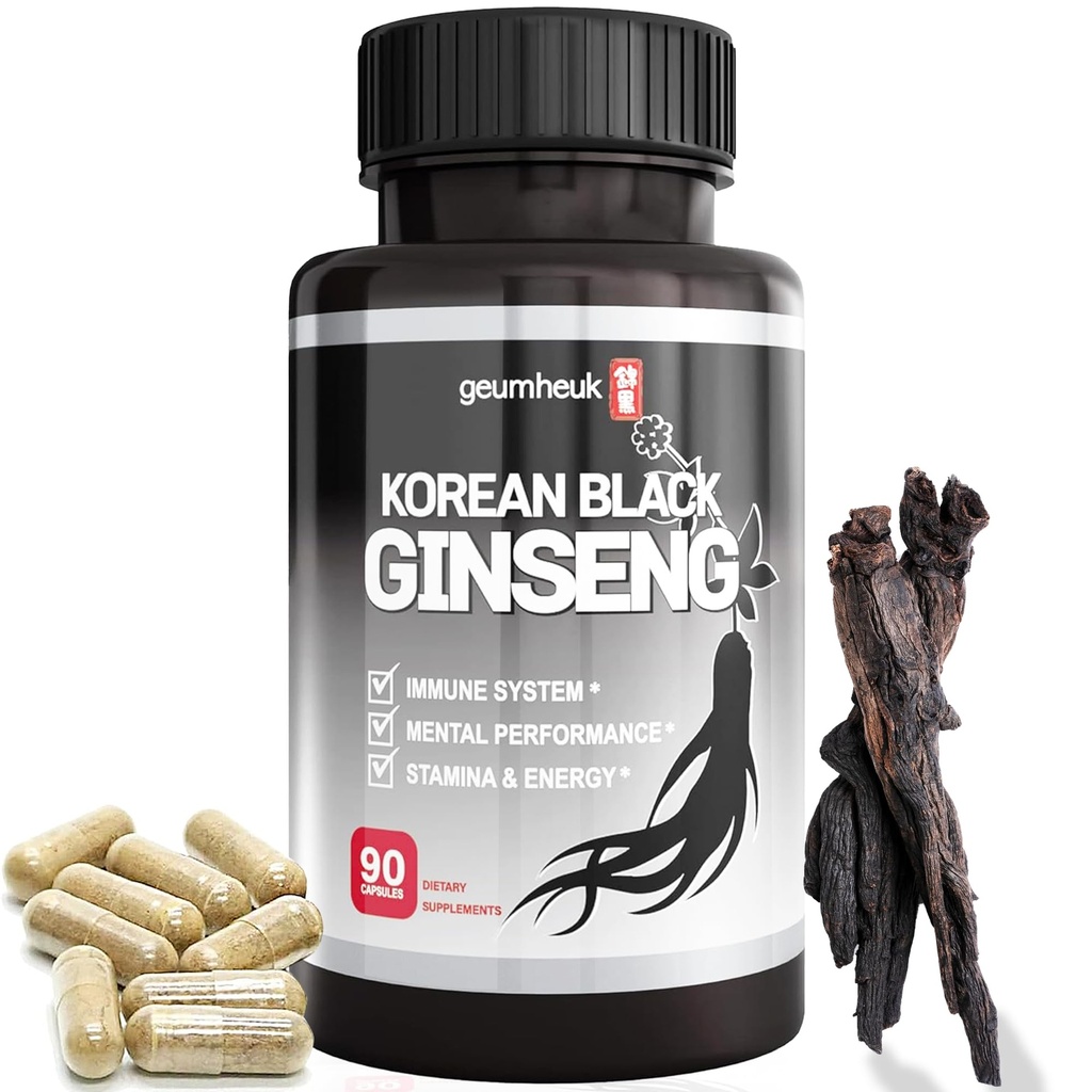 GeumHeuk Capsule Ginseng Noir Coréen Panax 1000mg - 90 Capsules Vegan Non OGM, Ginsénosides élevés, taux d'absorption élevé, améliorer l'immunité, la performance mentale, l'endurance et l'énergie, hommes et femmes
