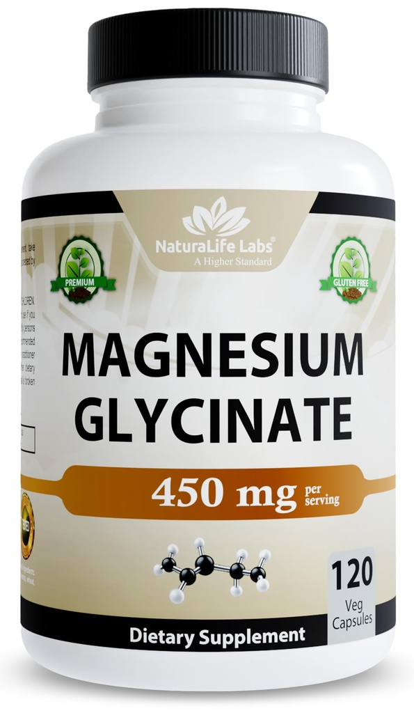Glycinat de magnésium 450 mg par portion – 120 gélules de végétalien (non-OGM, sans gluten)
