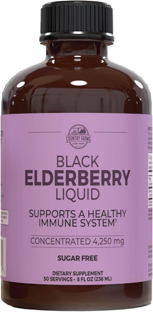 Country Farms Elderberry Liquid, unterstützt ein gesundes Immunsystem, reich an Antioxidantien, Zuckerfrei, Berry Flavor, 8 Fl Oz