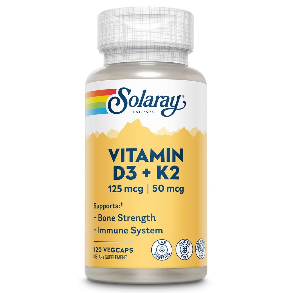 SOLARAY Vitamin D3 K2 - Knochengesundheit und Immununterstützungsergänzung - Mit 5000 IU Vitamin D als Vit D3 und 50 mcg Vitamin K2 als Menoquinone MK7, ohne Soja, 60-Tage Garantie, 120 Serv, 120 VegCaps