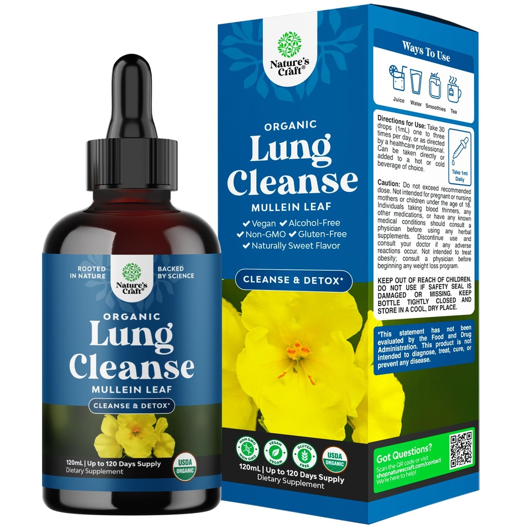 USDA Organic Mullein Drops für Lungs - Kräuter Lung Detox & Cleanse mit Marshmallow Root Extract & Plantain Leaf für respiratorische Lung Health - Mullein Leaf Tincture Drops für Atmungsunterstützung - 120ml