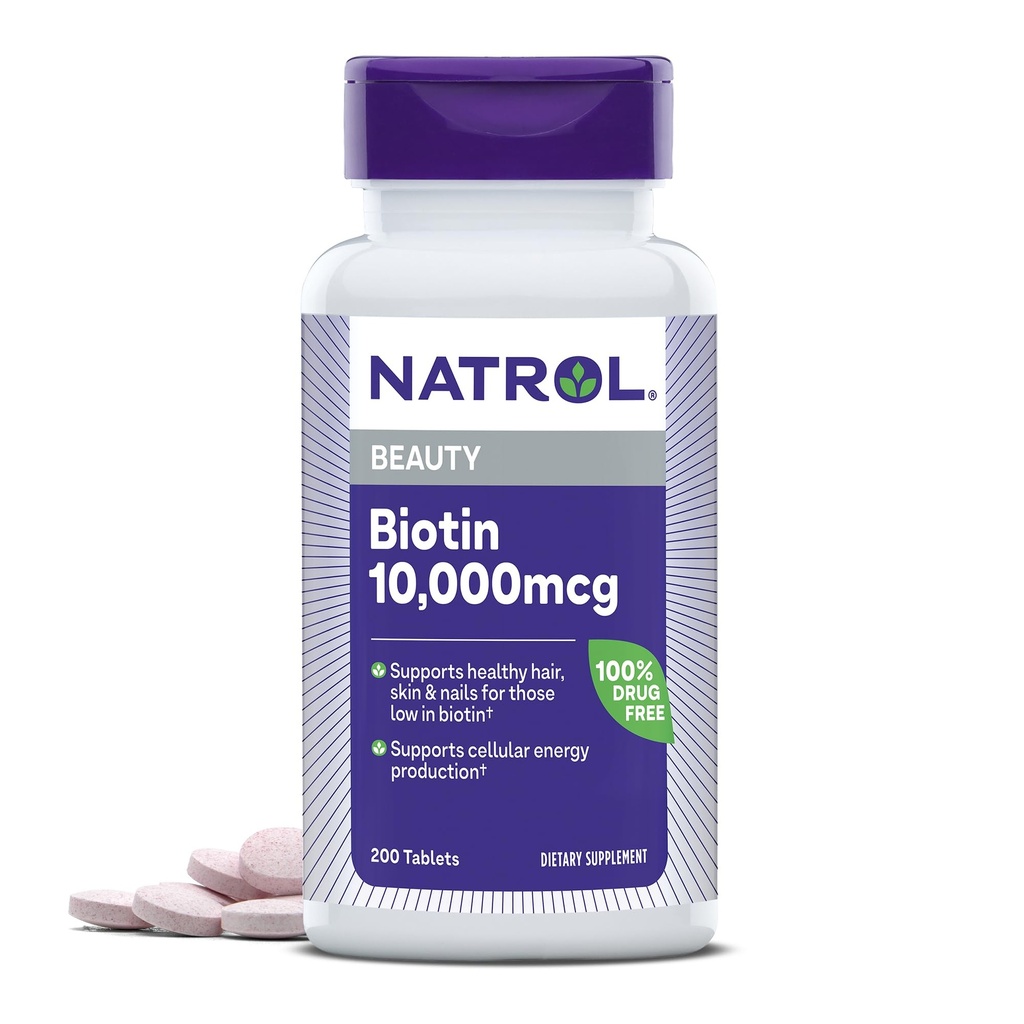 Natrol Biotin 10000mcg, Ergänzung für gesundes Haar, Haut und Nägel für diejenigen Niedrig in Biotin, Plus Energie Stoffwechsel Unterstützung, 200 Tabletten, bis zu einem 200-Tage-Versorgung