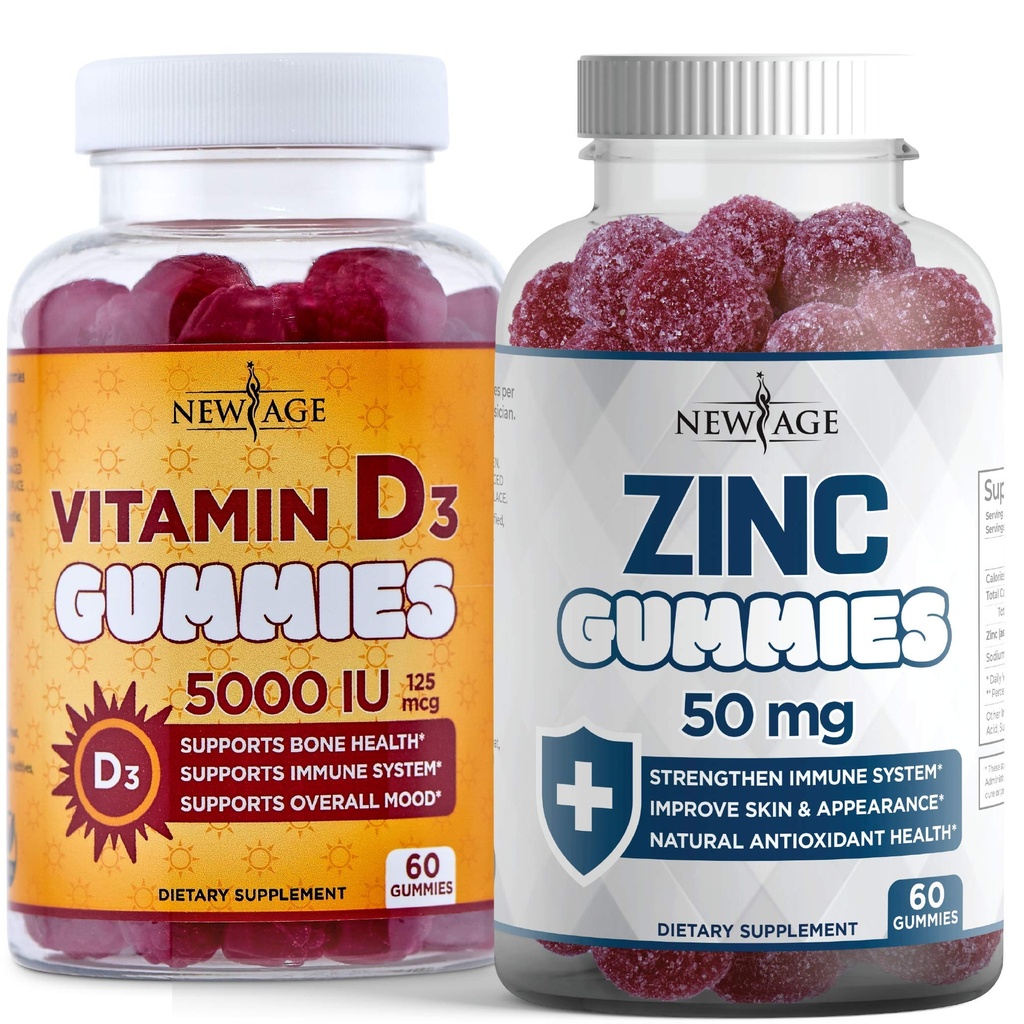 NEW AGE Immune Defense Combo - 2 Pack - Vitamin D3 Gummie 5000 IU 125mcg & Hohe Potenz Zink Gummie, Immun Booster 120 Count