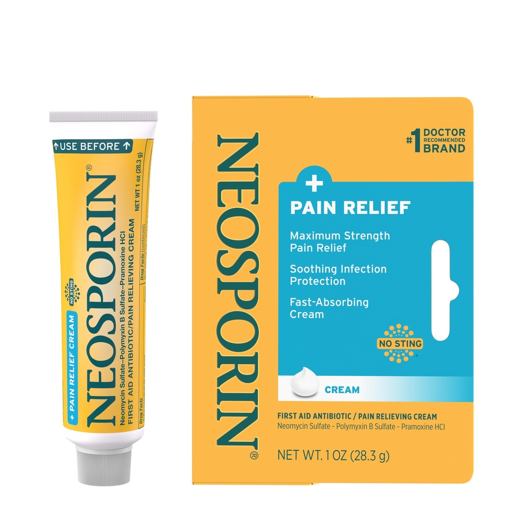 Neosporin + Maximum-Strength Pain Relief Dual Action Cream, Erste Hilfe Top-Antibiotische und Analgetik Creme für Wund Pflege von Minor Cuts, Scrapes und Burns, Polymyxin B & Pramoxine HCl, 1 Unze
