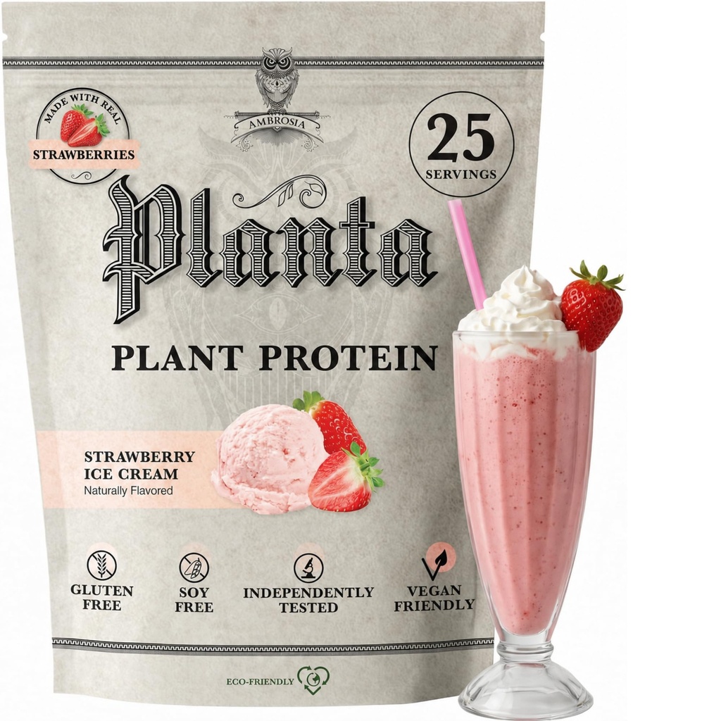 Ambrosia Planta - Premium Pflanzen-basiertes Protein | Vegan & Keto Friendly | Gourmet Flavors | Nein Bloating or Stomach Upset | Gluten & Soy Free | Kein hinzugefügter Zucker | 25 Servierungen | Erdbeere Eiscreme