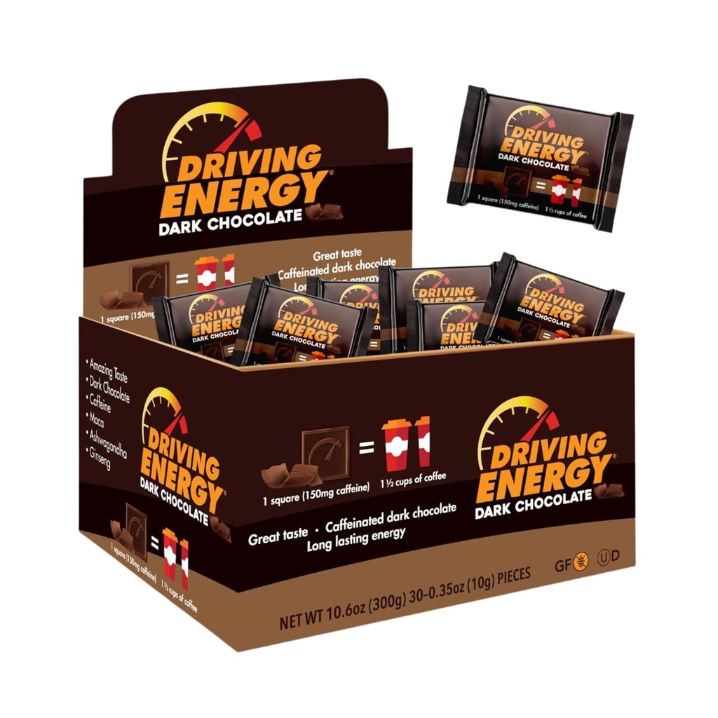 Driving Energy - Koffeinierte Energie-Bite-Größe - Dark Chocolate Fuel mit 150mg Koffein - Long-Lasting für Gym, Workout, Erwachsene - Großer Geschmack - Low Carb - Gesunde Snack - 30 Count