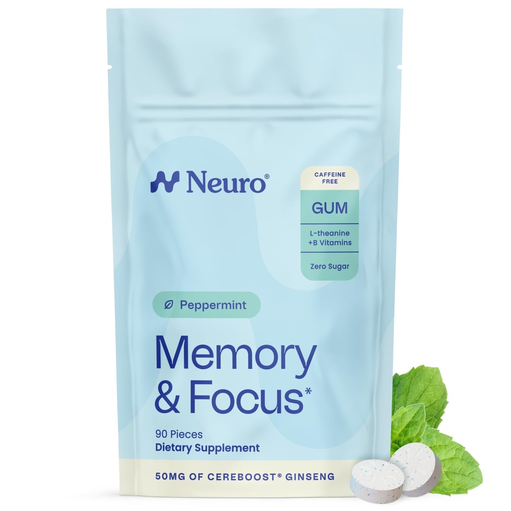 Neuro Memory & Focus Gum (90 pièces) - Décaféiné et sans sucre avec Ginseng américain, L theanine, Vitamine B12 et Vitamine B6 pour alerte mentale - Suppléments Cerveau pour Mémoire et Focus - Saveur de menthe poivrée