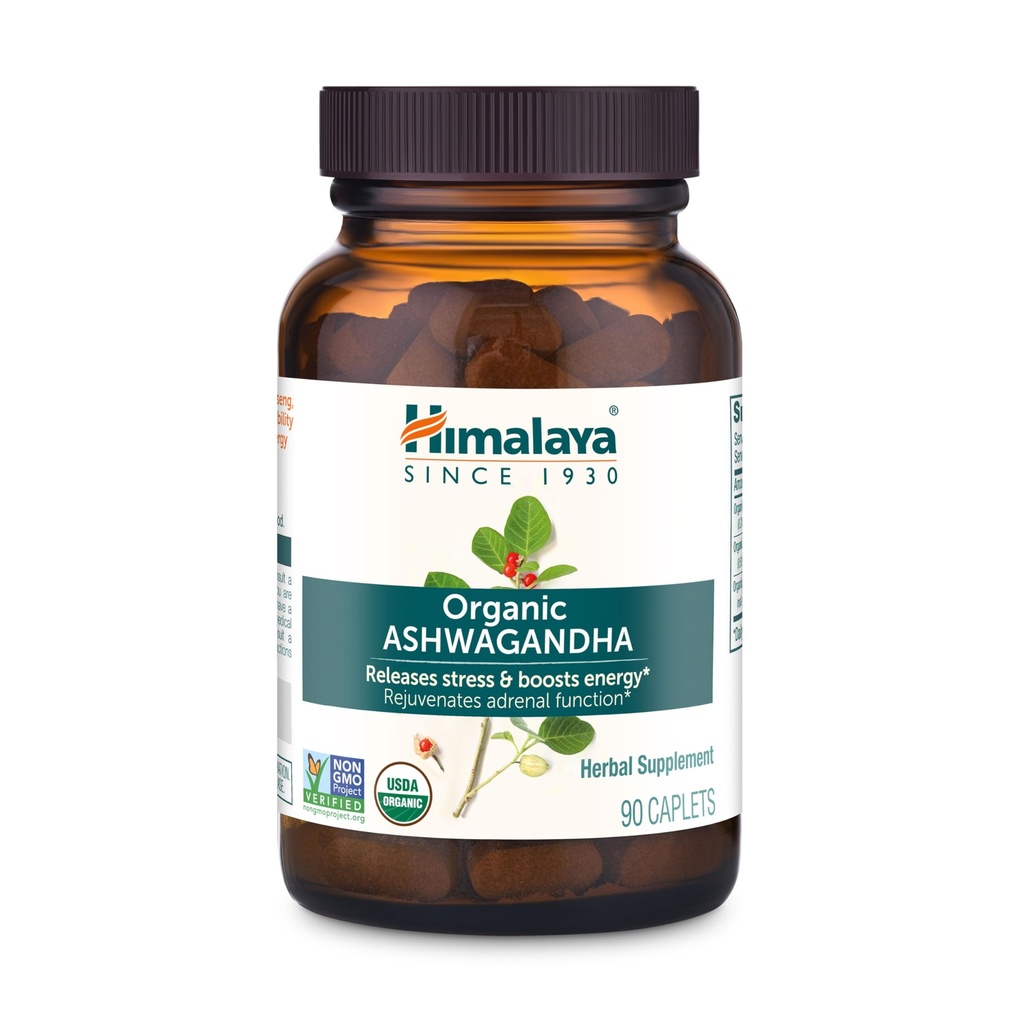 Himalaya Organic Ashwagandha, 90 jours d'approvisionnement, supplément à base de plantes pour soulager le stress, soutien énergétique, insomnie occasionnelle, USDA certifié biologique, non-OGM, végétalien, sans gluten, 670 mg, 90 capsules
