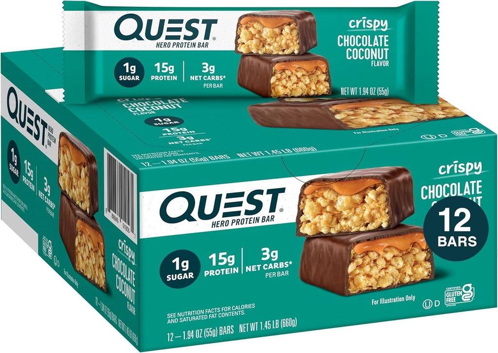 Quest Nutrition Crispy Chocolate Coconut Hero Protein Bar, 15g Protein, 1g Zucker, 3g Net Carbs, Gluten Free Protein Snack, Keto Friendly, 12 Count