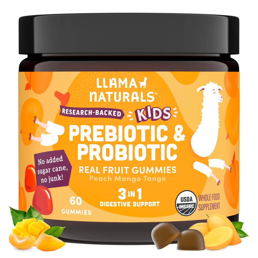 Llama Naturals Kids Probiotic mit Prebiotic Fiber, Vegan, Bio-Präbiotika und Probiotika Gummis für Gut Health Support, Kleinkind Real Fruit Gummy Vitamins, No Added Sugar Cane, Peach Mango, 60 Ct