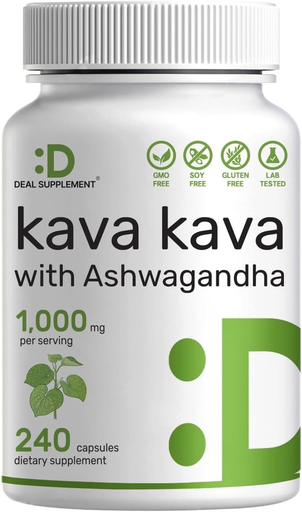 Deal Supplement Kava Kava Ergänzung 750mg pro Servierung, 240 Kapseln, 4 Monate Versorgung – Kava Kava Root Extract mit Ashwagandha Root Powder – Non-GMO