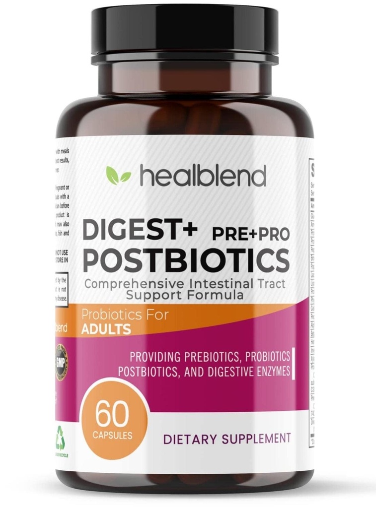 Digest + Postbiotics Supplement für Frauen und Männer, Multi Enzyme, Bio-Präbiotikum & Probiotikum für Verdauungsgesundheit mit Bromeline, Papin und Lipase, Non-GMO, Glutenfrei, 60 vegetarische Caps