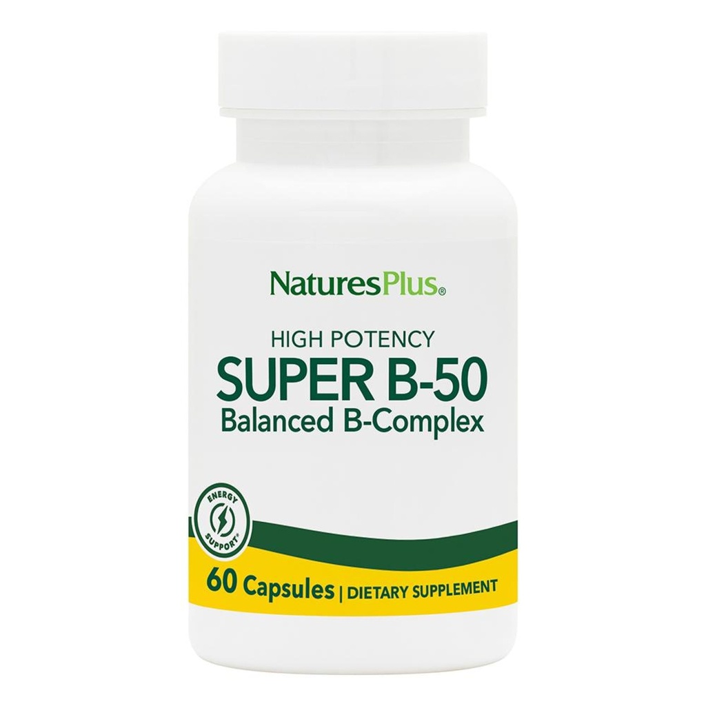 NaturesPlus Super B50-60 Vegetarische Kapseln - High Potency B Complex Vitamin Supplement - Brain & Energy Booster - Glutenfrei - 60 Portionen