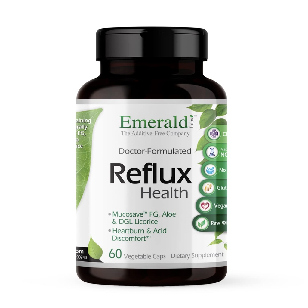 EMERALD LABS Reflux Health - Verdauungshilfe mit Mucosave FG, DGL, Aloe Vera, Probiotika, Verdauungsenzyme & More* - 60 pflanzliche Kapseln (30-tägige Versorgung)