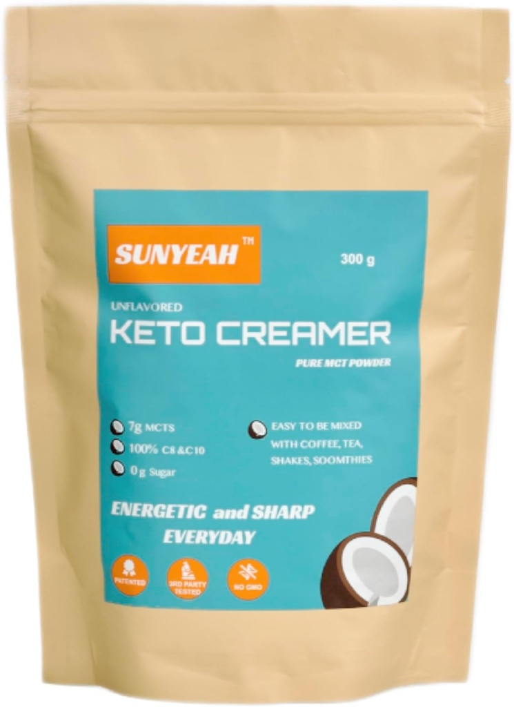 SUNYEAH MCT Pulver- MCT Ölpulver, KETO Kaffee Creamer, Pure C8 C10, No-Sugar, Aus Kokosnuss, 300 g, Hervorragend in Kaffee, Tee, Wasser, Shakes, Smoothies, Unfavoured, No-GMO