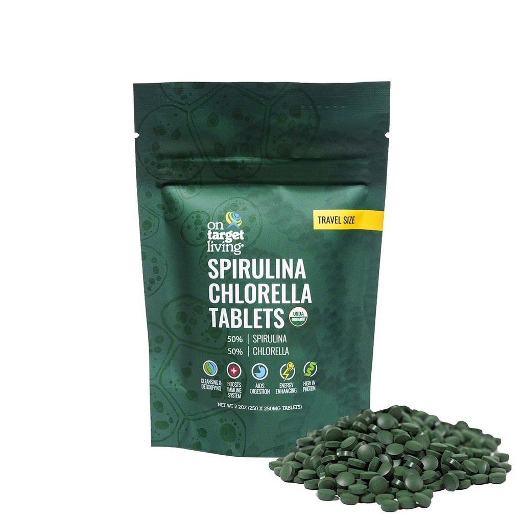 Am Ziel lebende organische Spirulina Chlorella Reisegröße | Super Greens | USDA Organic | 250 Tabletten- 250 G (2,2 oz) | Vegan | Immununterstützung | Alkalysieren | Protein dicht