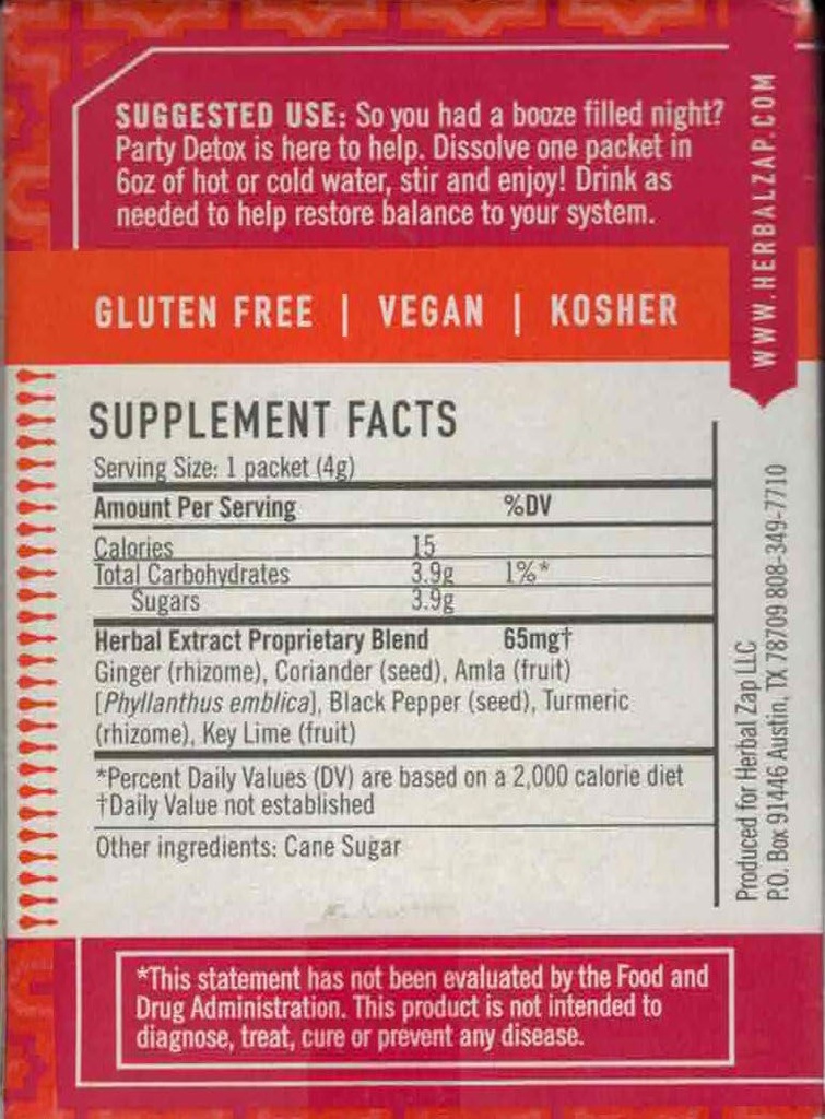 Herbal Zap Party Detox Ayurvedic Herbal Supplement 1 Box of 25 Packets