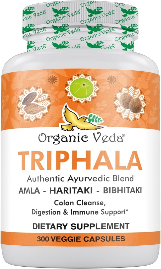 Bio Veda Triphala Pulver 300 Kapseln, 1000mg - Organic Triphala Supplement für Colon Cleanse, Immune, Gut & Digestion Health - Ganze grüne Antioxidantien Amla, Haritaki & Bibhitaki - Vegan Pillen