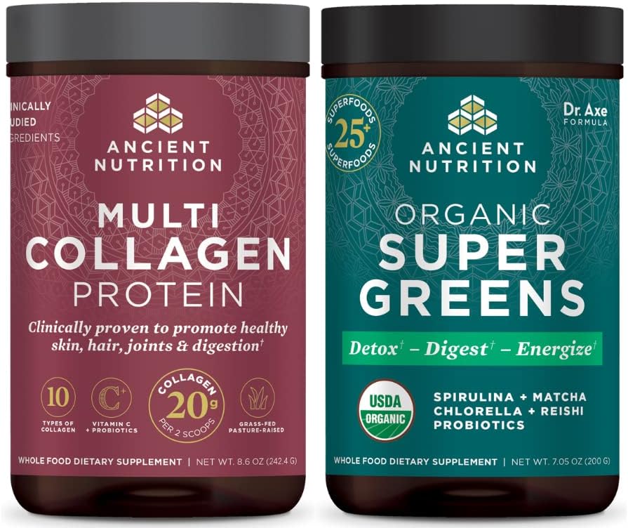 Antike Ernährung Multi Collagen Protein Pulver, Unflavored, 24 Servierungen + Supergreens Pulver, Grüne Geschmack, 25 Servierungen