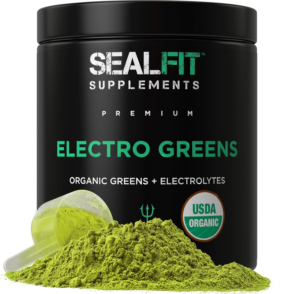 SEALFIT ElectroGreens - USDA Bio Greens Superfood + Poudre d'électrolytes. 25+ Superfoods pour l'énergie et l'hydratation. Jus vert super et poudre d'électrolyte inspiré par l'ancien sceau de la marine Mark Divine