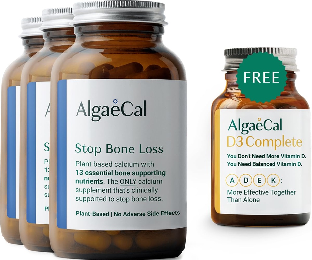 Ensemble de vitalité ALGAECAL - 4-en-1 de vitamine D3 gratuit Calcium complet et à base végétale avec 13 minéraux à base de os, cliniquement montré pour arrêter la perte de os, immunitaire et le mieux-être du corps entier