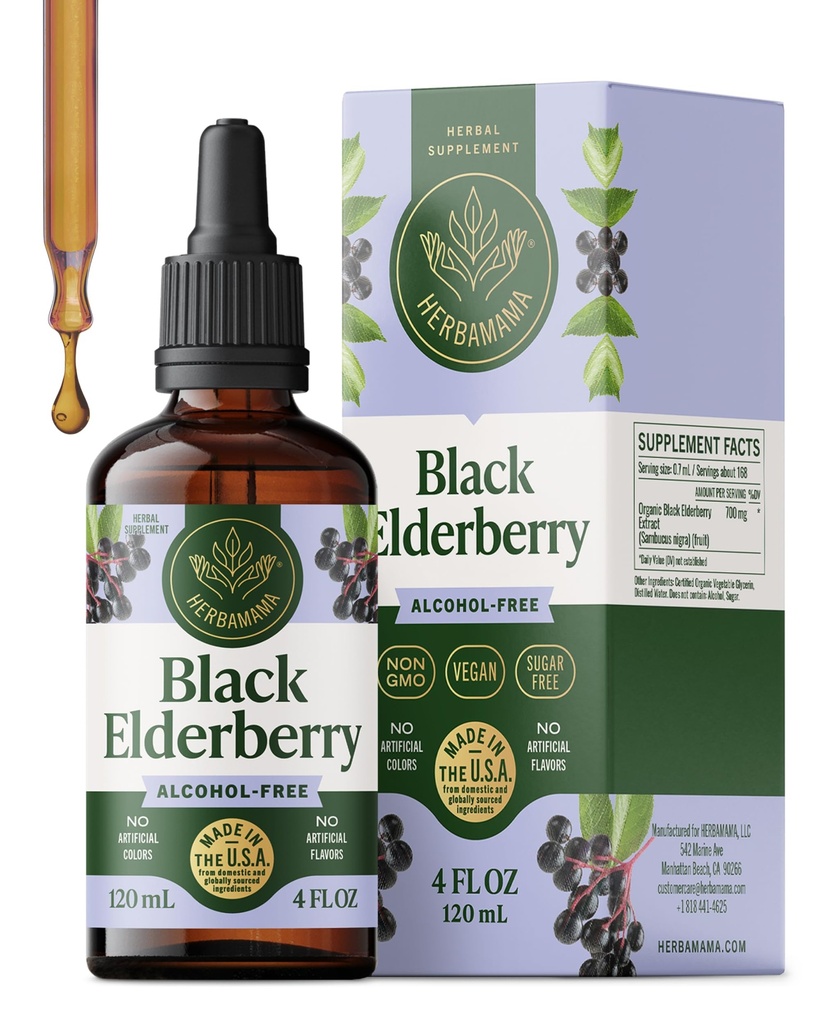 HERBAMA Black Elderberry Drops - Vegan Elderberry Liquid Extract for Immune Support - Non-GMO, Alkohol & Sugar-Free Immunity Supplement, 42-Day Supply