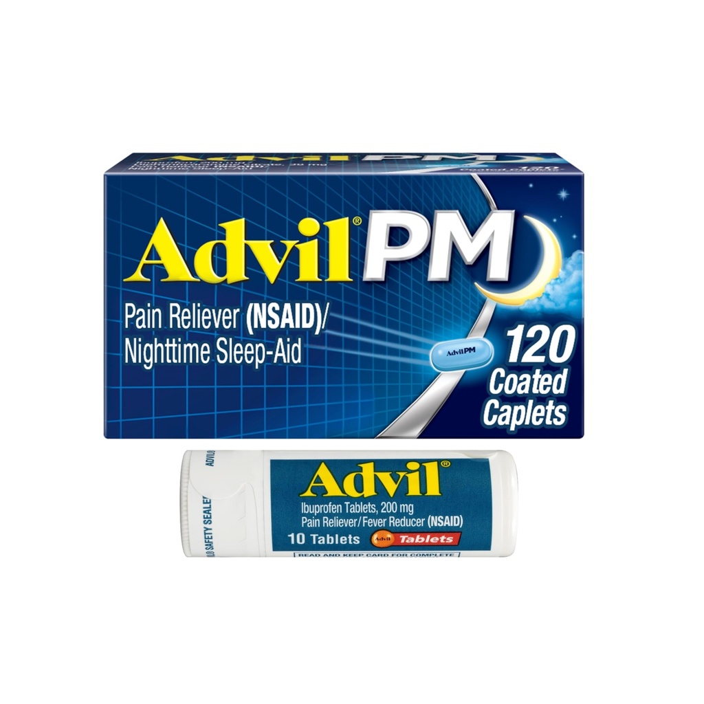 Advil PM Schmerzlinderung und Nacht Schlafhilfe, Ibuprofen für Schmerzlinderung und Diphenhydramin Citrat für eine Schlafhilfe - 120 beschichtete Caplets und Schmerzlinderung und Fever Reducer, 10 Zähler Tabletten