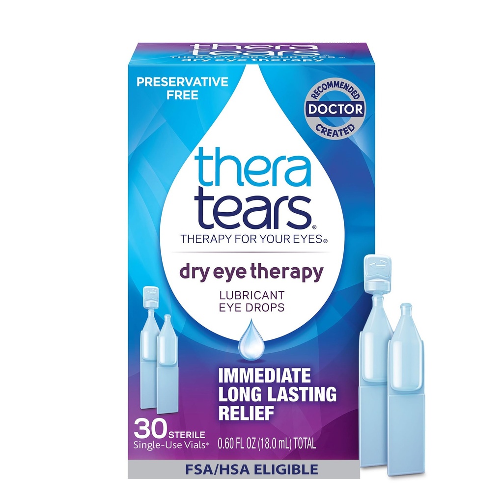 TheraTears Dry Eye Therapie Schmierende Augentropfen für trockene Augen, Konservierungsfreie Augentropfen, 30 Single-Use Vials