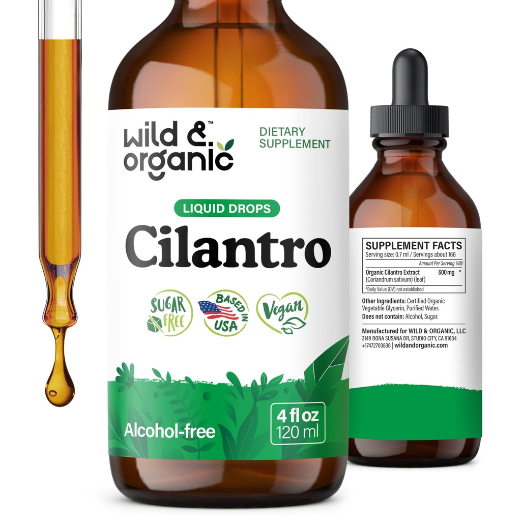 Wild & Organic Cilantro Tincture - Kräuter-Detox Tropfen mit Cilantro-Extrakt - Flüssige Koriander Blatt-Ergänzung - Vegan, Zucker & Alkoholfreie Tropfen - 4 fl oz