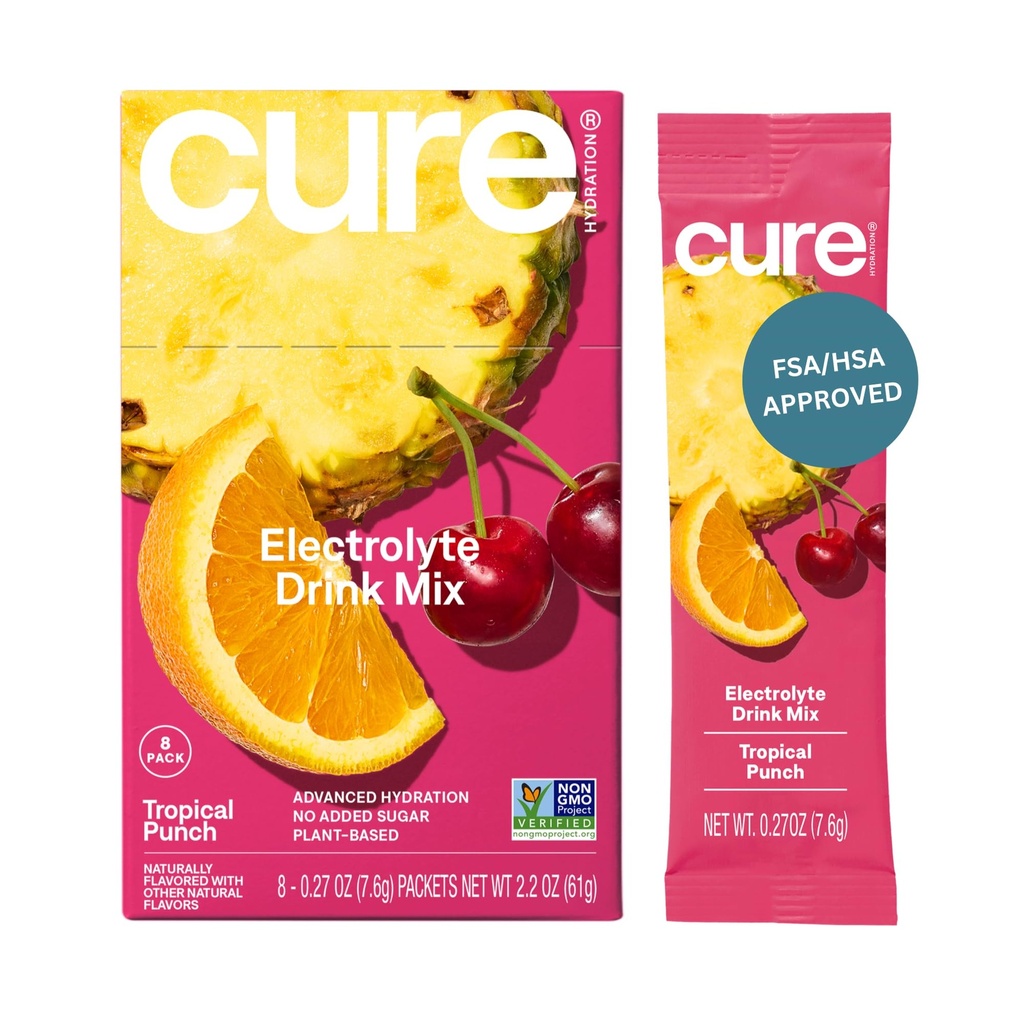 Cure Hydration | Pflanzenbasierte Elektrolyt-Getränk-Mix | Kein hinzugefügt Zucker | Dehydratation Relief Pulver mit Kokosnusswasser hergestellt | Non-GMO | Vegan | Box von 8 Packungen - Tropical Punch