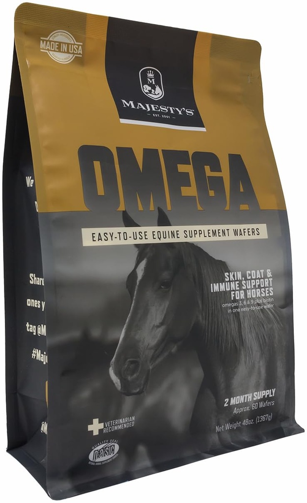Wafers Omega de majesté - Supplément de soutien pour chevaux supérieurs / peaux d'équidés, manteaux et immunes - Omega 3, 6, 9 et Biotine - 60 comtes (2 mois)