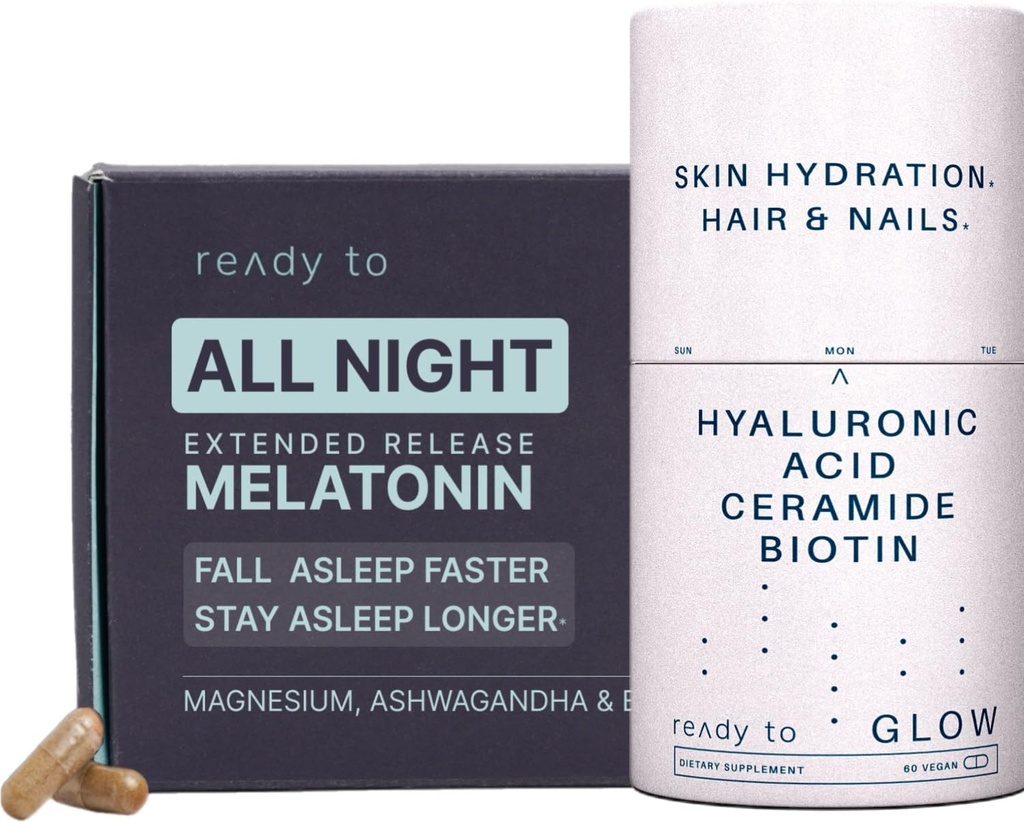 Haut Hydration & Schlafhilfe Set | Anti-Aging & Schlaf-Unterstützung mit Hyaluronsäure, Ceramide, Antioxidantien, Melatonin und Ashwagandha | Radiant Skin & Restful Sleep Pack