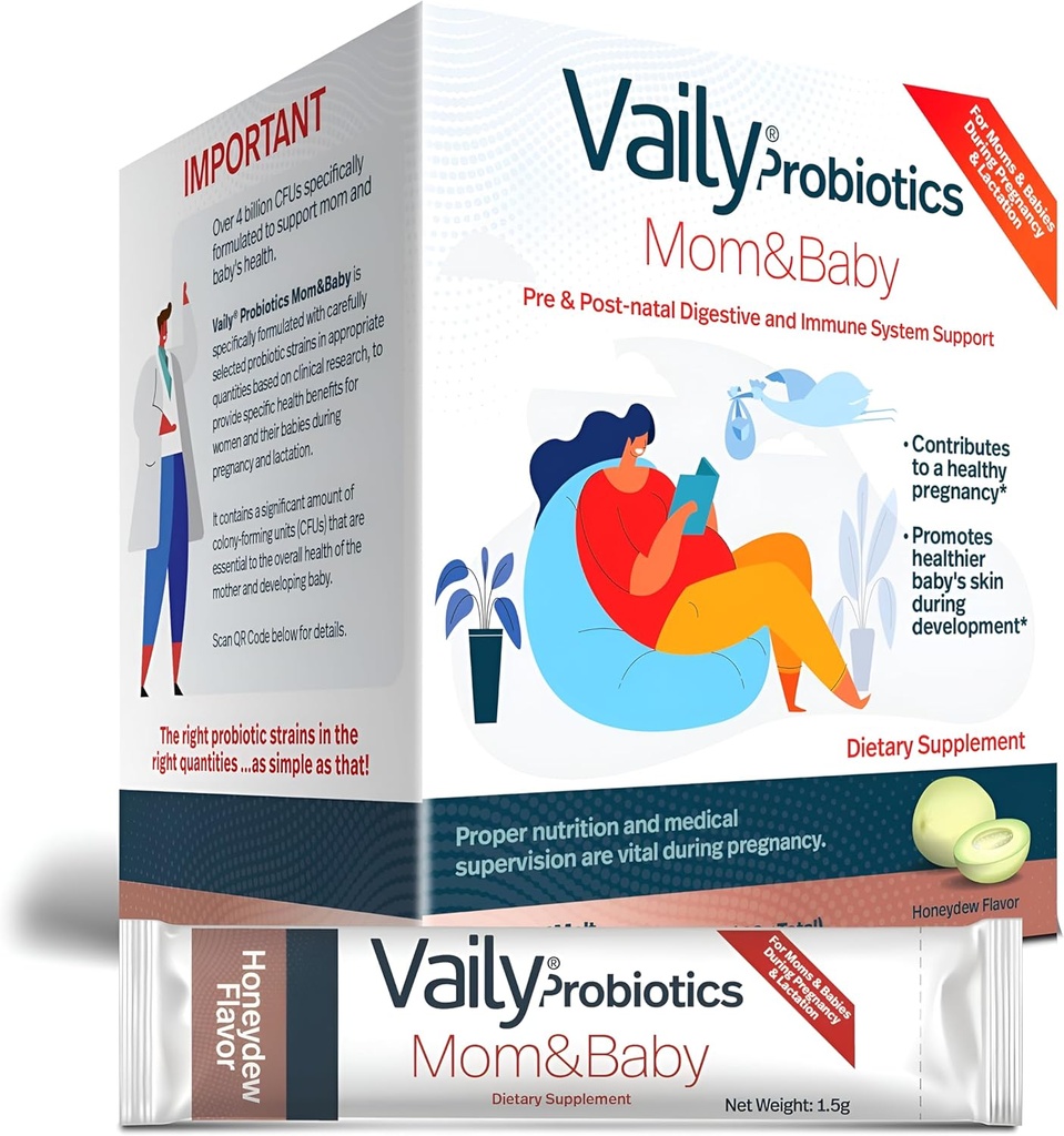 Vaily Mom & Baby Probiotic - Post & Pränatale Vitamine Probiotika Pulver für Frauen - verstärkt Immunsystem & Verdauungs-Gesundheit, Gesunde Baby Haut - Pränatale Essentials, einfache Verdauung - 30 Sticks