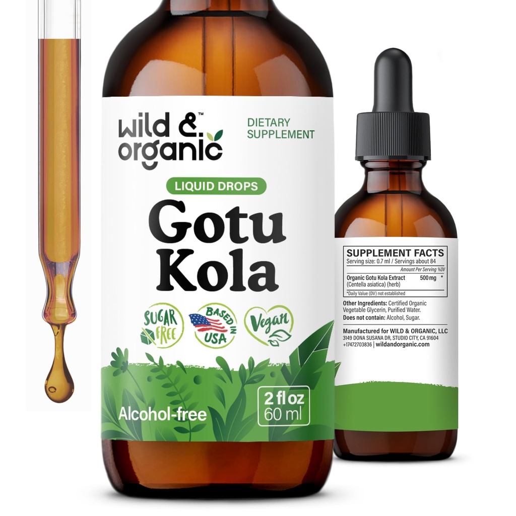 Teinture d'herbe Gotu Kola sauvage et biologique - Soutien du cerveau - Gotu Kola gouttes d'extrait liquide - Vegan, sucre et sans alcool Centella Asiatica Supplément - 2 fl oz