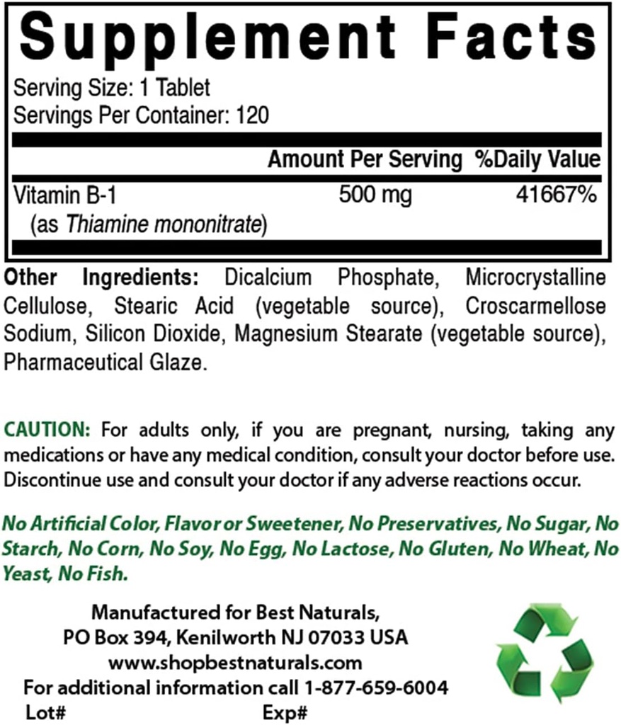 Best Naturals Vitamin B1 als Thiamine Mononitrate 500 mg & Vitamin B2 (Riboflavin) 400mg
