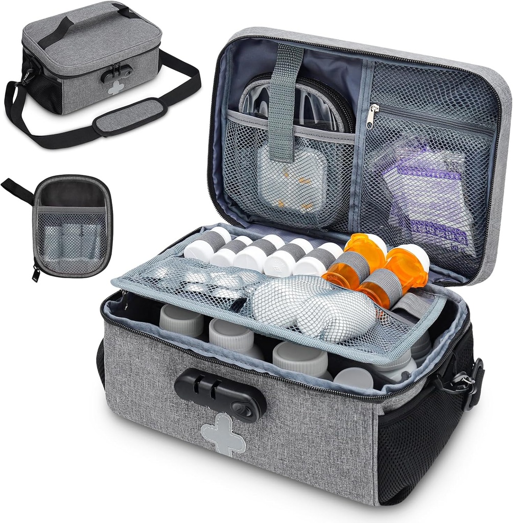 Pill Bottle Organizer Bag with Combination Lock, Lockable Medicine Bag Organizer, Travel Medicine Organizer with Portable Small Pouch, Medicine Lock Box for Prescription Bottles with Shoulder Strap
