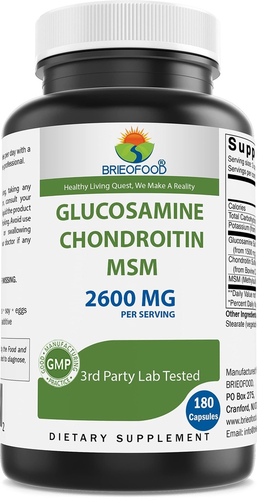 Brieofood Triple Strength Glucosamine Chondroitin MSM 2600mg/Serving Capsules, Unterstützt gesunde Gelenk-, Knorpel- und Connective Tissue - Fördert Joint Comfort & Flexibilität 180 Count