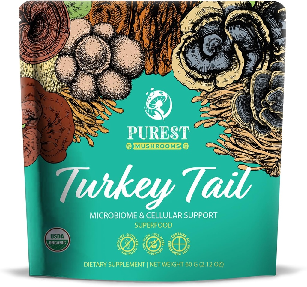 Poudre de queue de dinde - Complément de champignons biologiques avec puissant extrait de champignon de dinde de queue pour microbiome et support cellulaire 60g
