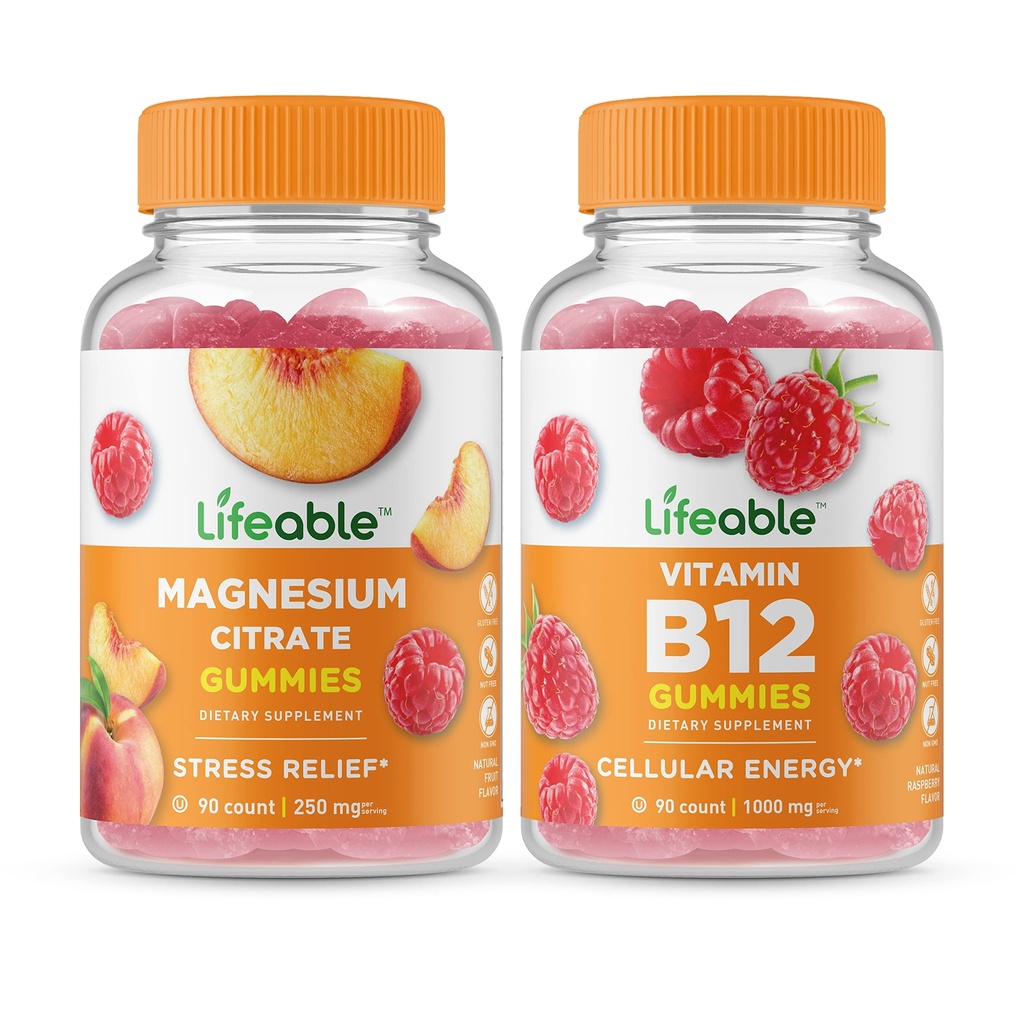 Lifeable Magnesium 85mg + Vitamin B12, Gummies Bundle - Great Tasting, Vitamin Supplement, Gluten Free, GMO Free, Chewable Gummy