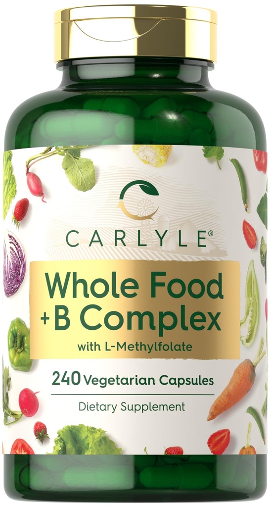 Carlyle Vitamin B Complex Ganze Lebensmittel Mischung | 240 Kapseln | Täglich Multivitamin für Männer und Frauen | mit B1, B2, B6, B12, Folate, Niacin und L-Methylfolate | Non-GMO & Vegetarian Supplement